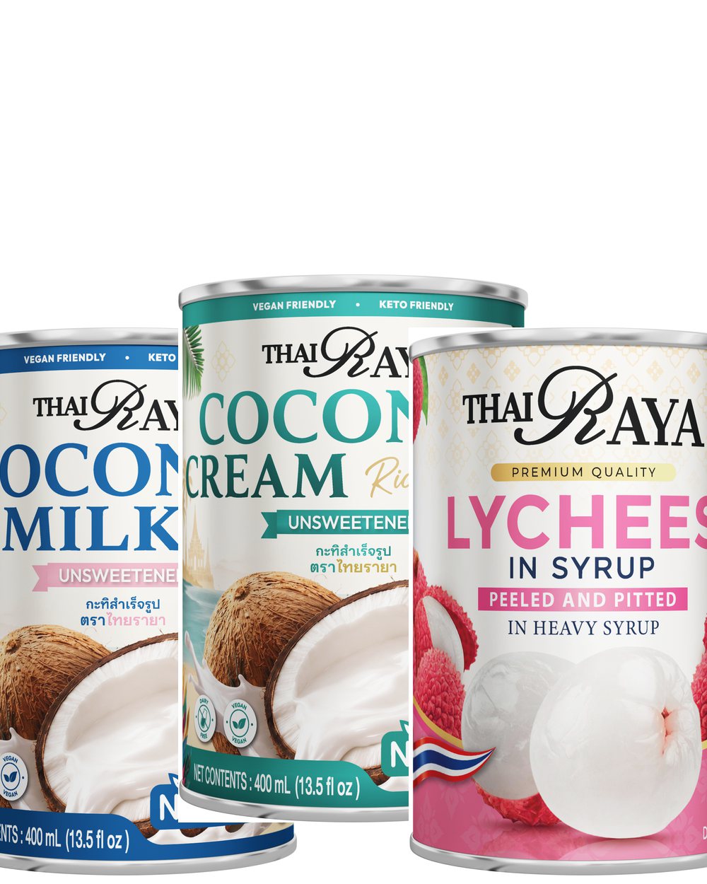 Thai coconut products and canned fruits — coconut milk, coconut cream, lychee in syrup