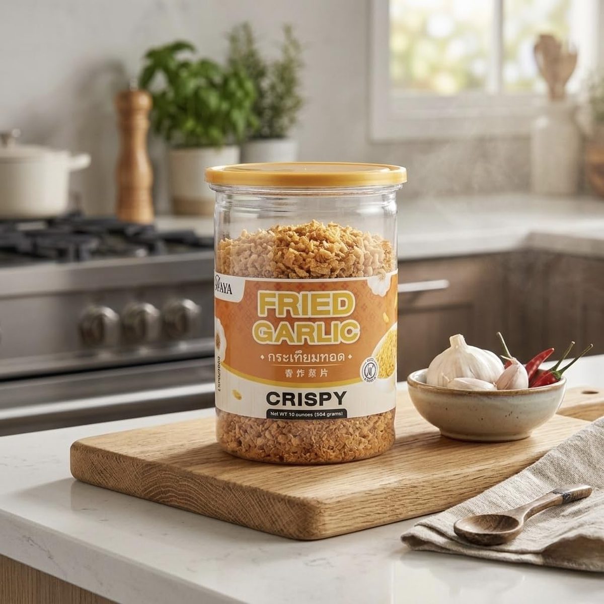 Thairaya Crispy Fried Garlic jar on a wooden board with fresh garlic
