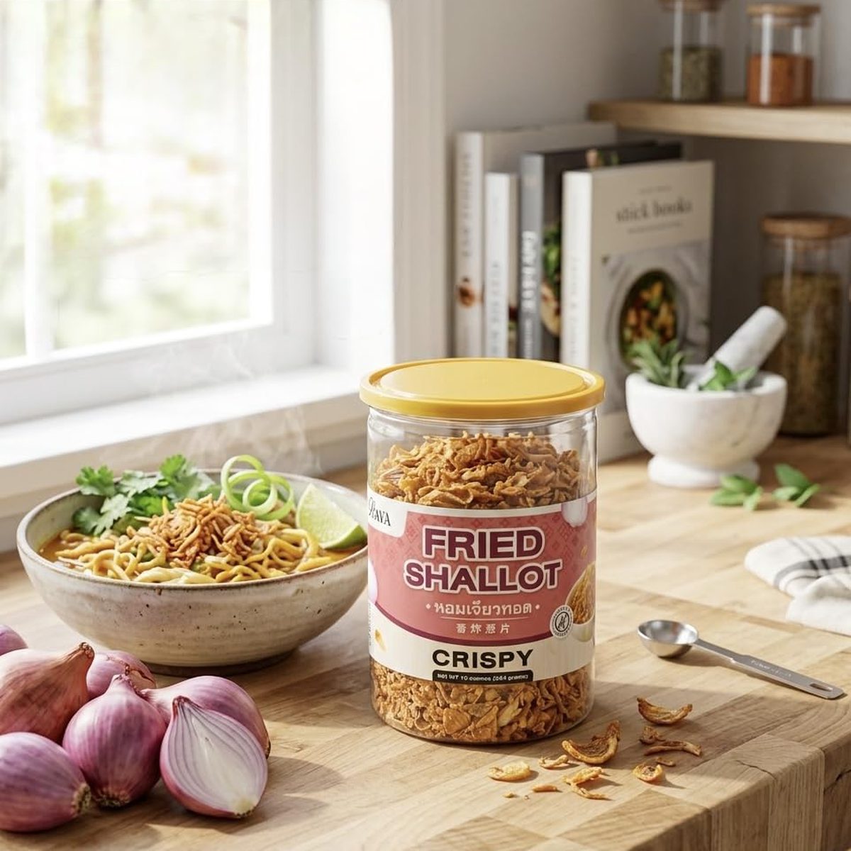 Thairaya Crispy Fried Shallot jar beside a noodle bowl and fresh shallots