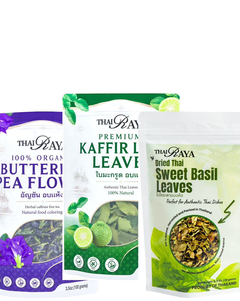 Thai herbs and dried leaves — butterfly pea, holy basil, sweet basil, kaffir lime