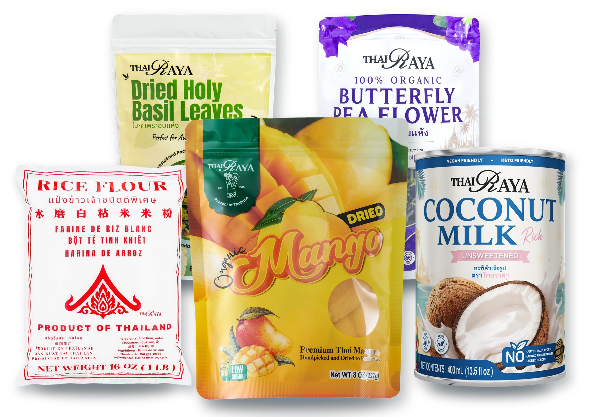 Thairaya rice flour, organic dried mango, coconut milk and butterfly pea flower